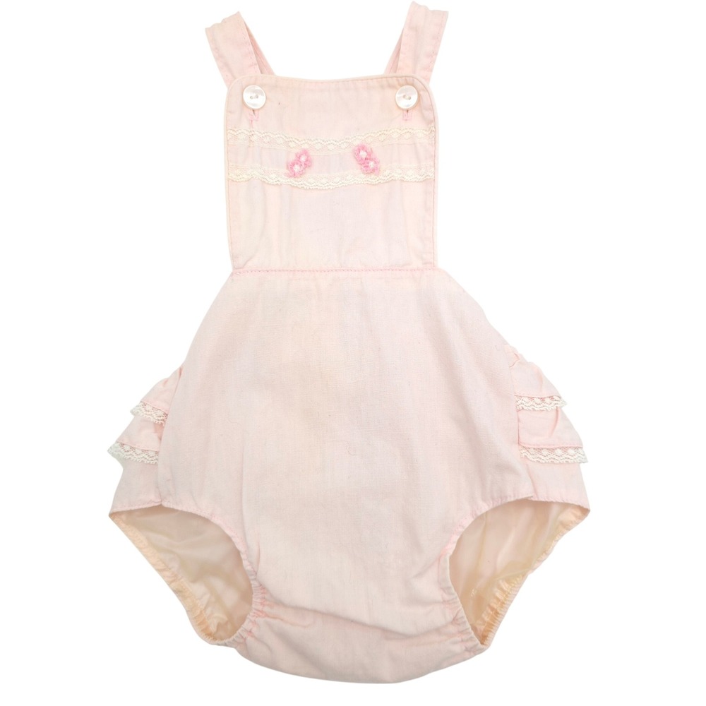 Fawn Fashion Vintage Baby Girls Pink Ruffle Butt Sunsuit Lace 13-20 lbs 1960s